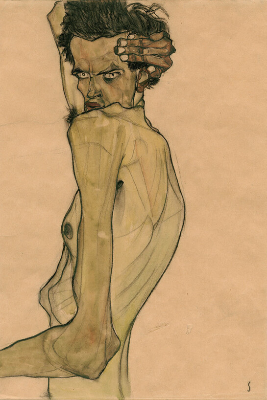 Egon Schiele (1890-1918), Self-Portrait with Arm Twisted above Head, 1910, Watercolor and charcoal, Private Collection