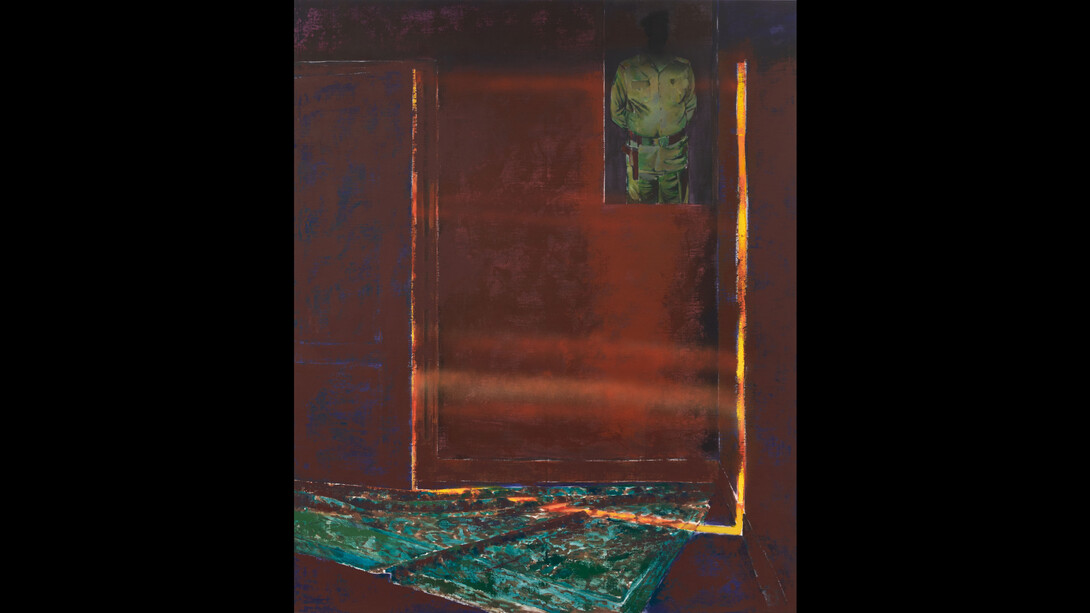 Mohammed Sami, Meditation Room, 2022, mixed media on linen, 110 1/4x90 1/2 inches (280x230 cm), photo by Ben Westoby, © Mohammed Sami. Courtesy of the artist, Luhring Augustine, New York, and Modern Art, London