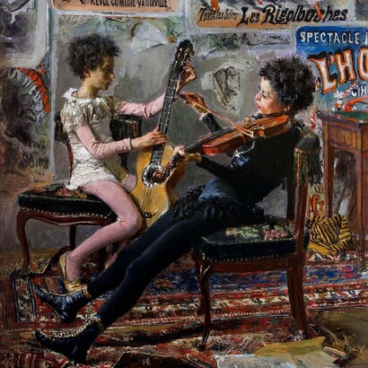 Antonio Mancini, Saltimbanchi suonatori, 1878. Collezione privata