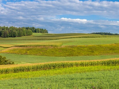 Expansive agricultural fields stretching across the countryside, representing the importance of commodity exports to South American economies