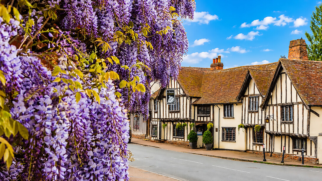 Exterior view of The Swan at Lavenham Hotel & Spa in the medieval village of Lavenham, Suffolk, England