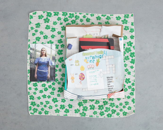 Susan Cianciolo, Notebooks Kit, 2016, cotton tapestry, cardboard box, photograph, paper, notebooks, ink, paint, 8.3 x 42 x 42 cm, 3 1/4 x 16 1/2 x 16 1/2 ins, (MA-CIANS-00007) courtesy Stuart Shave/Modern Art, London 
