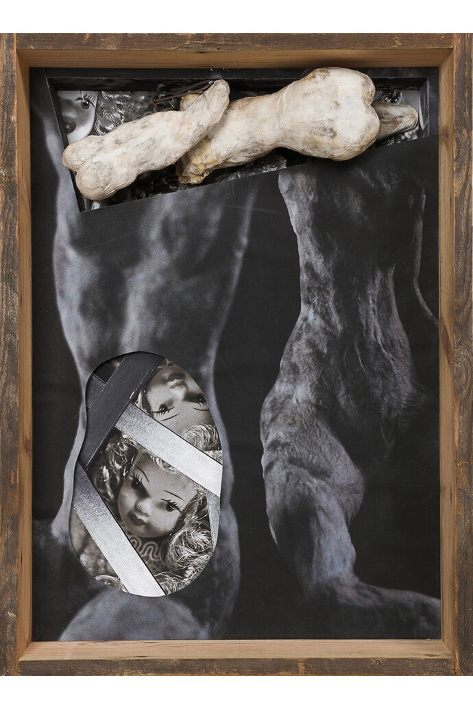 Kalliopi Lemos, Boxed World no.6, 2015, Dimensions: 74 cm x 54 cm x 20 cm, Photographs and small figurines made of steel skeleton, air drying clay and Japanese paper, installed in a wooden box made with reclaimed wood from the roof of an old Georgian house
