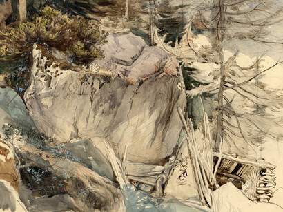 Mountain Rock and Alpine Rose, 1844 (or 1849). John Ruskin (1819 – 1900). Pencil, ink, chalk, watercolor and gouache, 11 3/4 x 16 1/4 inches. Ruskin Foundation (Ruskin Library, Lancaster University) (RF 1395).