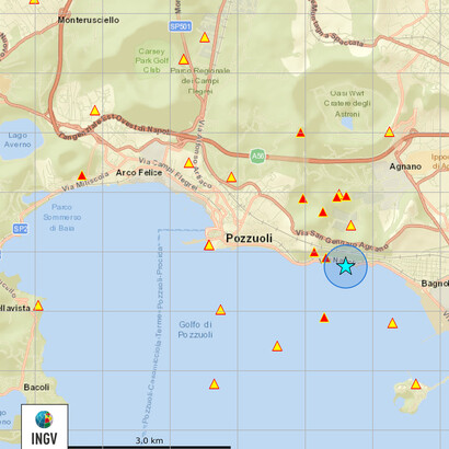 Mappa della localizzazione dell'evento magnitudo 4.4 del 13 marzo 2025.  Immagine dell'Osservatorio Vesuviano, INGV