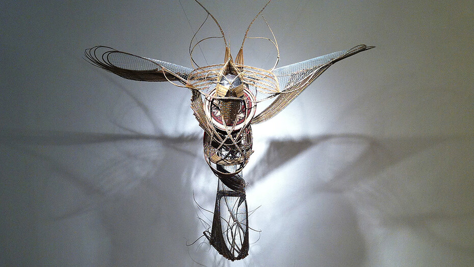 Adejoke Tugbiyele, Flight to Revelation, 2011. Palm stems, steel wire, trivet and mannequin head, 183 x 152 x 92 cm. Photo credit. Lloyd Lowe Jr.