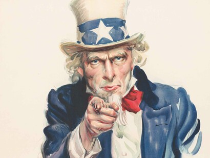 The classic "I want you" poster with the fictional Uncle Sam character who wants you to join him and be under his fake reality