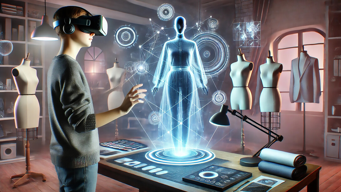 Futuristic fashion design studio where virtual reality meets creativity: A designer, equipped with a VR headset, brings digital clothing models to life, blending technology with cutting-edge style