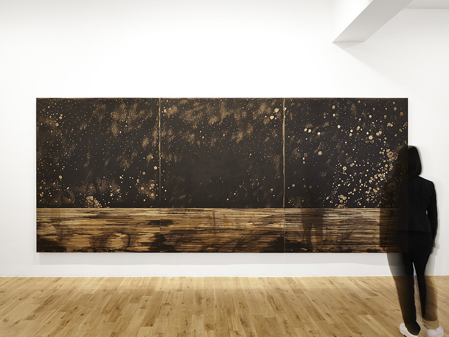 Teresita Fernández, Golden (Obsidian Scene 2), 2014, Gold chroming and India ink on wood panel, 3 panels each, Overall: 203,2 x 487,7 cm © Teresita Fernández- All rights reserved, courtesy of the Artist and Almine Rech Gallery