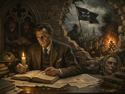 Illuminated by a single candle, a solitary witness documents the erosion of reason as the “psychic catacombs” of the human soul claw their way into the light, revealing the psychological roots of fascism and moral collapse