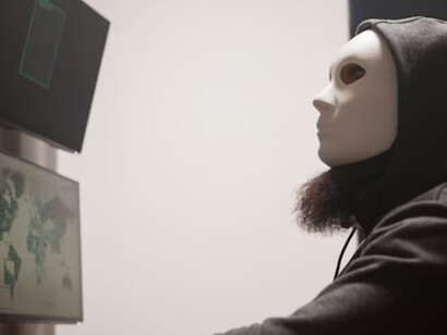 Side view of a cybercriminal wearing a white mask, symbolizing hybrid threats, terrorism, and the role of artificial intelligence in cyber warfare
