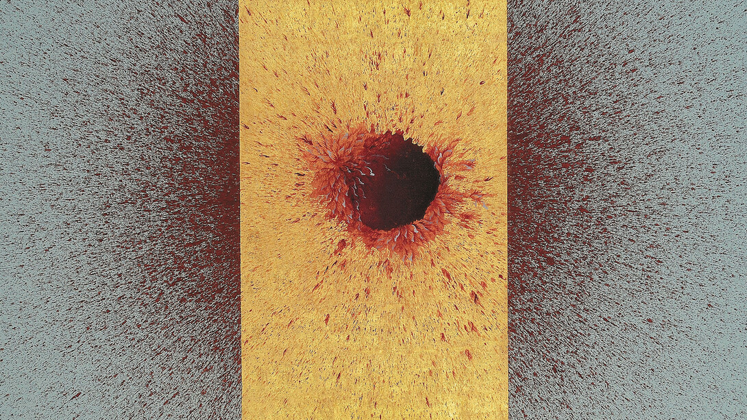 Imran Qureshi, This Leprous Brightness, 2015, Emulsion, acrylic paint and gold leaf on canvas, 137,2 x 198,1 cm (54 x 78 in), Courtesy Galerie Thaddaeus Ropac Paris/Salzburg. Photo: Usman Javed