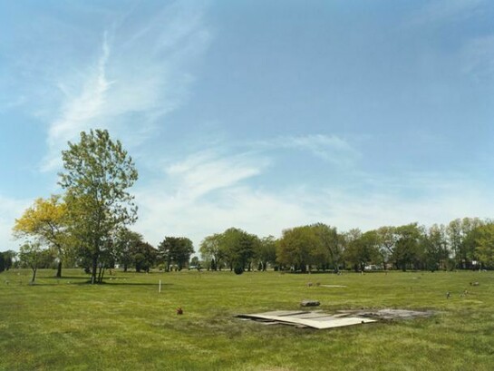 Jason Lazarus, Standing at the Grave of Emmett Till, day of exhumation, June 1st, 2005 (Alsip, IL), 2005. Collection Museum of Contemporary Art Chicago, restricted gift of Emerge, Aviva Samet and James Matanky, and anonymous donors, in memory of Andree Stone. © 2005 Jason Lazarus. Photo: Nathan Keay, © MCA Chicago.