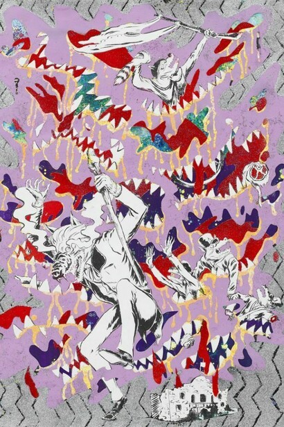 Mark Thomas Gibson, War Dance (Lavender), 2013, Ink, acrylic, and glitter on paper, 30 x 22 inches, 76.2 x 55.9 cm