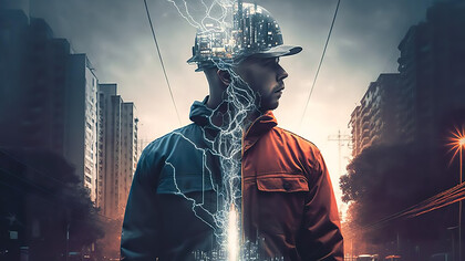 Male electrician in a protective helmet,  generated by AI