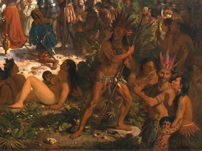 Detalhe da obra de Victor Meirelles: A Primeira Missa, 1861. Curiosamente, Meirelles e Pedro Américo protagonizaram uma rivalidade artística, especialmente quando ambos pintaram grandes batalhas. Essa disputa ajudou a elevar o nível da pintura histórica no Brasil, já que cada um buscava superar o outro em técnica e impacto visual