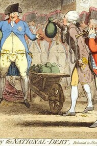 A new way to pay the National Debt (Un nuovo modo di pagare il debito nazionale), 1786: la vignetta raffigura il re Giorgio III e la regina Carlotta davanti al Tesoro con mucchi di denaro sotto le braccia e traboccanti dalle tasche. William Pitt, anch'egli colmo di monete, porge al re un altro sacco di denaro da una carriola. A destra, il Principe di Galles (erede al trono), vestito di stracci, riceve un assegno con la scritta “Accetta 200.000 sterline dal tuo amico d'Orleans”; a sinistra, un mendicante amputato siede a terra con un cappello vuoto
