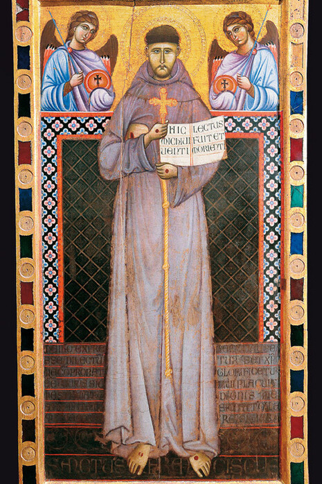 Maestro di San Francesco , (Umbria, 1255-1275 circa), San Francesco tra due angeli, 1260 circa, Tavola dipinta, tempera su legno di pino entro, cornice in legno di pioppo, Assisi, Santa Maria degli Angeli, Museo della Porziuncola