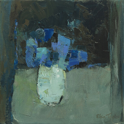 Cornflowers in White Pot, oil on canvas, 30 x 30 cm