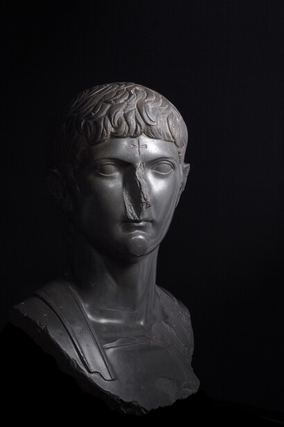 Bust of Germanicus, great-nephew of Augustus with a Christian cross carved onto the forehead, basalt, Egypt, about AD 14–20, © The Trustees of the British Museum