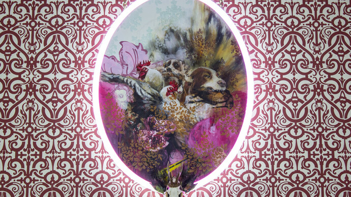 Tristram Aver, Waiting for Master, 2014, 125 x 88 cm (actual variable), oil, acrylic, collage, spray paint, canvas, taxidermy and pink and white LED neon