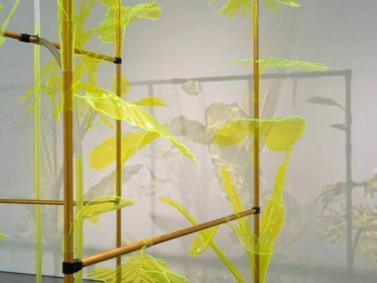 Thomas Glassford, Afterglow, 2010, Sicardi Gallery installation view, 2014. Anodized aluminum, acrylic, concrete, polyvinyl tubing, water and dye, dimensions variable. Photography credit: Logan Sebastian Beck.