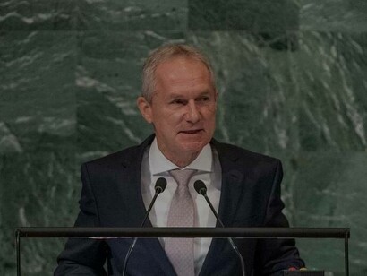 UN General Assembly President Csaba Kőrösi addresses the general debate of the UN General Assembly’s 77th session