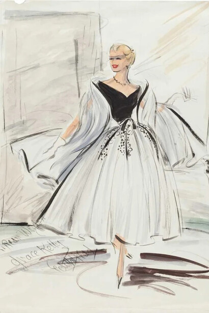 Boceto de Edith Head para uno de los vestidos que usaría Grace Kelly en el filme «La ventana indiscreta»