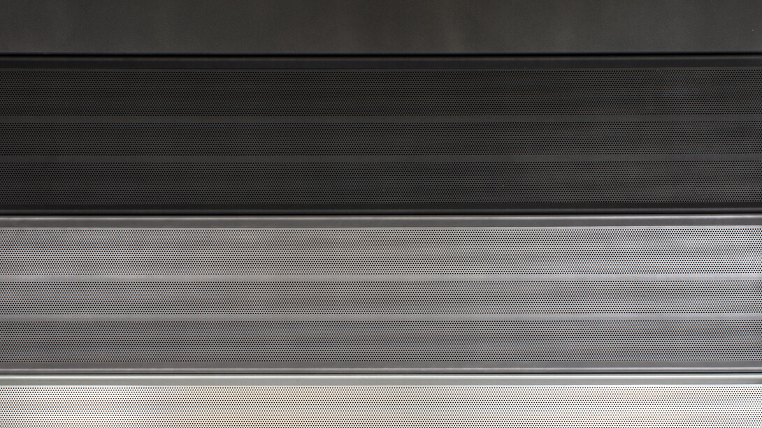 Xavier Mary, Krauss (detail), 2014, Brushed anti noise panels, textured metallic powder, brushed aluminum profile, 240 x 300 x 12,5 cm, Courtesy Galerie Albert Baronian