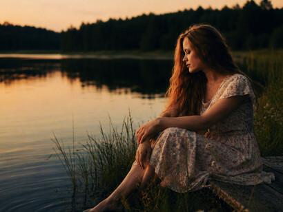 A woman with long hair quietly embraces the serenity of nature beside a peaceful lake at sunset