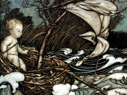 Llegó nadando, desahuciado, a un puerto extraño donde debió enfrentar el desconocimiento… que es un monstruo tirano, cruel y huraño, antifaz siempre hambriento del prejuicio. Ilustración de Arthur Rackham (1912)