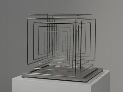 Martin Willing (b. 1958), Konischer Stab, zum Kubus gekantet, 2015, Chrome-Nickel-Spring wire, 8 5/8 (H) x 8 5/8 (W) x 8 5/8 (D) inches. Courtesy of Hollis Taggart Galleries