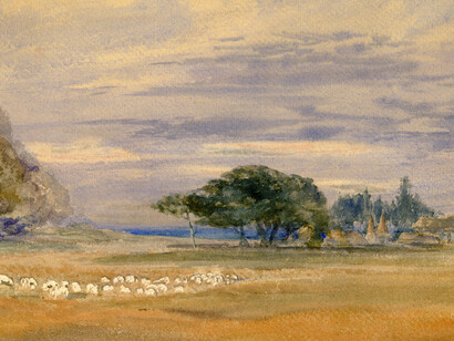 A field near the sea with Sheep, not dated. Barbara Leigh Smith Bodichon (1827-1891). Watercolor on paper, 9 1/6 x 13 inches. Mark Samuels Lasner Collection, University of Delaware Library.