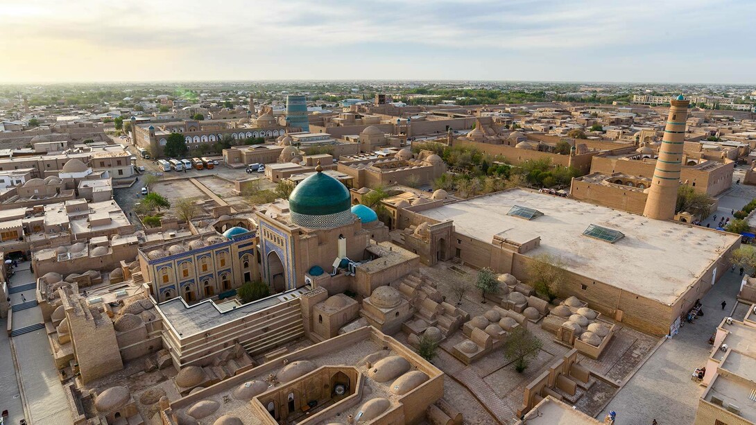 Itchan Kala, the inner fortress of Khiva, is located to the South of the Amu Darya River (known as the Oxus in ancient times) in the Khorezm region of Uzbekistan