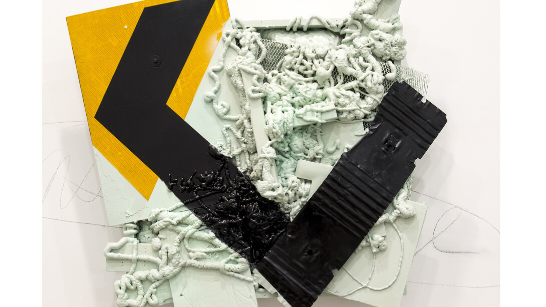 Joe Fleming, The Flood #2, 2014, Enamel, spray foam, street sign, metal, and wood, 45 x 42 x 10 inches (114.3 x 106.7 x 25.4 cm)  