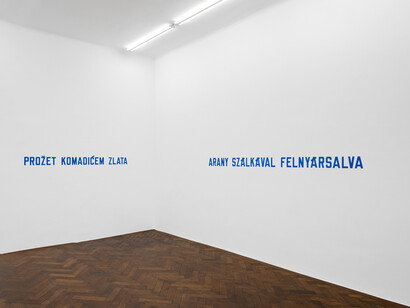 Lawrence Weiner, In relation to probable use, exhibition view. Courtesy of Galerie Hubert Winter