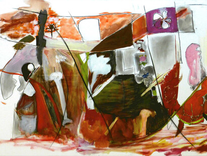 Sumayyah Samaha, My World, 2019, oil and mixed media on canvas, 36x96 inches. Courtesy the artist and Leila Heller Gallery, NYC