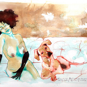 Demi Kaia, Sitting on a sofa with the curious dog, ink & pencil on paper, 75 x 115 cm