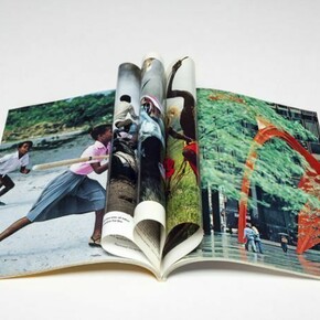 Cyprien Gaillard, A City Learns to Smile Again, 2013, Showcase and National Geographic magazines, 36 1/4 x 117 7/8 x 39 5/8 inches (92 x 299.4 x 100.4 cm), Copyright Cyprien Gaillard. Courtesy Sprueth Magers Berlin London and Gladstone Gallery, New York and Brussels