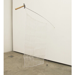 Jaime Lauriano, Pavilhão, 2012, Hammer, nail, embroidered fabric, bob and mason line, 100 x 185 x 120 cm, installation view