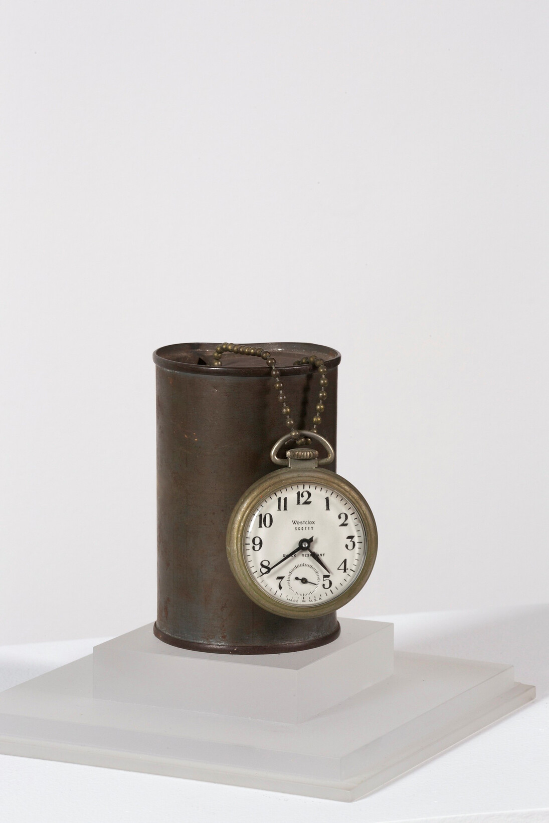 Robert Rauschenberg, Untitled, ca. 1959, Combine: tin can, pocket watch and chain, 3 7/8 x 2 1/2 x 3 inches  Art © Robert Rauschenberg Foundation/Licensed by VAGA, New York, NY