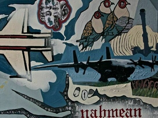 George Afedzi Hughes, Detail of Drastic Measures, 2013, oil, collage on canvas, 30x66 inches