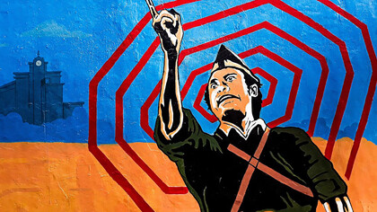 An illustration of a man wearing a black shirt, symbolizing political persecution under an authoritarian regime, inspired by figures like Bung Tomo and Soetomo in Surabaya, East Java, Indonesia