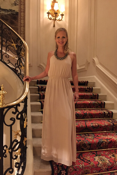 The author on the grand lobby staircase. Ph Genevieve Northup