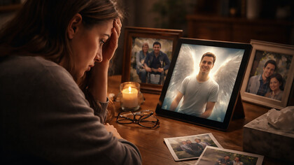 A woman looks at an AI-generated image of her deceased brother, raising difficult questions about memory, grief, and the ethical limits of altering the identity of those who have passed away