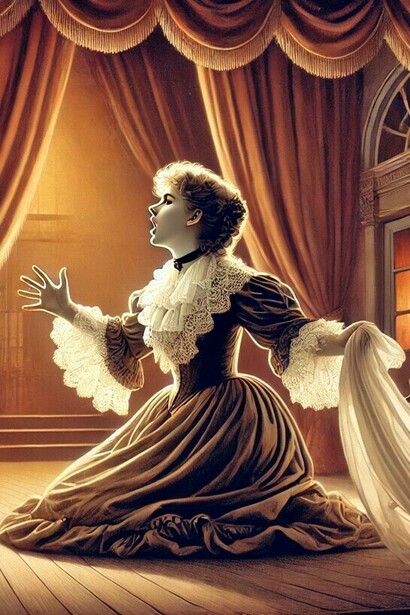 Durante la Primera Guerra Mundial, se comprometió a apoyar a los jóvenes en el frente, escribiendo cartas, conversando con ellos y participando en sus encuentros, demostrando una vez más su profundo sentido de humanidad. Reconstrucción de Eleonora Duse actuando en un teatro
