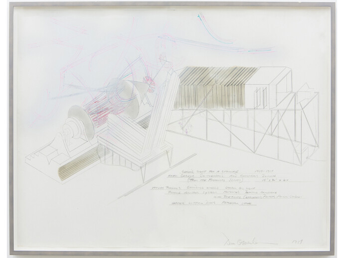 Dennis Oppenheim, Drawing for Second Sight for a Staircase (From The Fireworks Series), 1981 
graphite and coloured pen on paper, 127 x 97.5 cm, Courtesy of the artist and Motinternational London & Brussels
