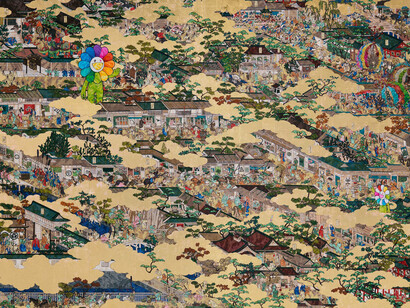 Takashi Murakami, Rakuchū-Rakugai-zu Byōbu: Iwasa Matabei RIP, 2023–24 (left panel). Courtesy of Gagosian