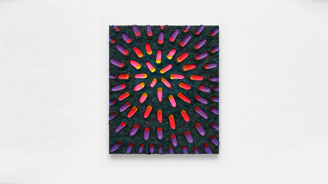 Jennifer Guidi,
Hour After Hour Like an Opening Flower, 2022–23.
Sand, acrylic, oil, and rocks on linen,
41 x 35 inches (104.1 × 88.9 cm).
© Jennifer Guidi.
Photo: Brica Wilcox.
Courtesy the artist and Gagosian