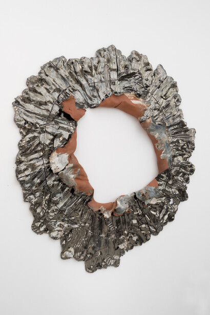 Brie Ruais, Torn Hole, 132lbs (Blue), 2014, Glazed and pigmented ceramic, hardware, 63 x 61 x 4 inches, 160 x 154.9 x 10.2 cm, courtesy the artist and Nicole Klagsbrun, photo credit Adam Reich
